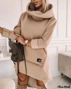 Color: khaki, Size: XL Hoodie Mini Dress, High Neck Sweatshirt, Long Sleeve Turtleneck Dress, Hooded Sweatshirt Dress, Cowl Neck Hoodie, Bandeau Tops, Looks Party, Korean Fashion Dress, High Neck Long Sleeve