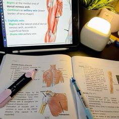 an open book with muscles on it next to a lamp and cell phone in the background