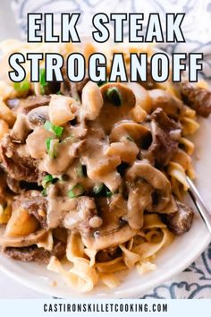 a white plate topped with pasta covered in beef stroganoni