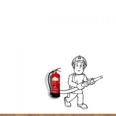 a drawing of a fireman holding a hose and an extinguisher next to it