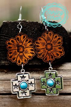 Texas Tooled Earrings are a 2" Dangle Tooled Flower and a Silver Cross with Turquoise Stone. The Earrings are super lightweight with a fish hook back. Turquoise Dangle Flower Earrings With Ear Wire, Turquoise Dangle Earrings With Flower Charm, Turquoise Dangle Flower Earrings, Turquoise Flower Earrings, Classy Cowgirl, Modern Cowgirl, Western Hats, Free Earrings, Sterling Jewelry