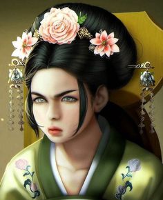 a digital painting of a geisha girl with flowers in her hair and holding a plate