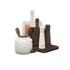 an assortment of kitchen utensils are displayed on a white background with brown accents