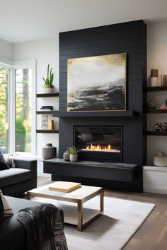 a living room with a couch, coffee table and fire place in front of a large window