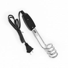 a black and white photo of a kitchen utensil attached to a cord on a white background