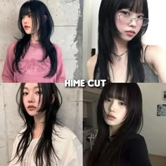 Himecut Without Bangs, Hime Cut Medium Hair, Wolfcut Front View, Flat Haircut, Wolfcut Hairstyles, Cute Long Haircuts, Pretty Haircuts, Haircut For Long Hair, Anime Hair Color