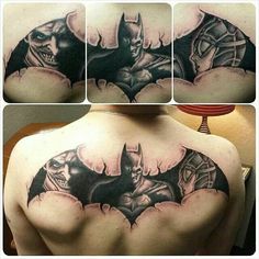 the back of a man's shoulder with batman tattoos on it and other pictures