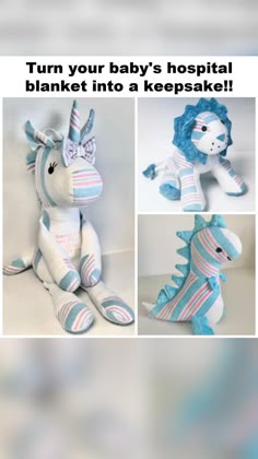 the stuffed animal is blue and white with pink stripes