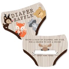 two diapers with animals on them and the words diaper raffle written in white