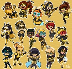 various cartoon character stickers on a yellow background