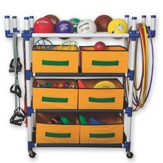 a rack with many different types of sports balls and equipment on it's sides