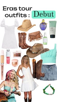 a woman in white dress and cowboy boots surrounded by items from her outfit collection, including hats, bracelets, necklaces