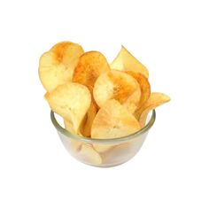 a bowl full of potato chips on a white background