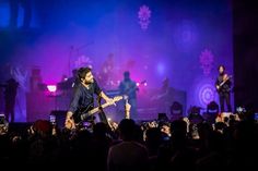 two men on stage playing guitar in front of an audience at a rock concert with purple lighting