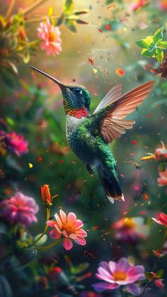 a painting of a hummingbird flying over flowers