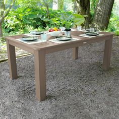 a table with plates and cups on it in the middle of a gravel area next to a tree