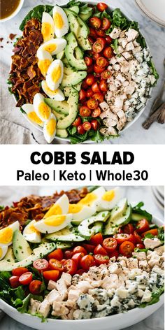 cobb salad with hard boiled eggs, tomatoes, cucumbers and lettuce