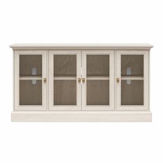 a white cabinet with three glass doors