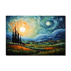 an abstract painting with trees in the foreground and a sky full of stars above it