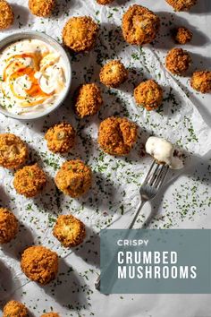 Crumbed mushrooms scattered across baking paper with sweet chilli mayonnaise sauce in a small bowl. Crumbed Mushrooms Recipe, Crumbed Mushrooms, Chicken Sausage Rolls, Chilli Mayo, Breaded Mushrooms, Homemade Sausage Rolls, Sausage Rolls Recipe, Mayo Sauce