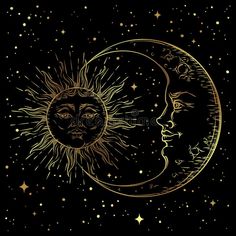 the sun and moon with faces drawn in gold on a black background, surrounded by stars