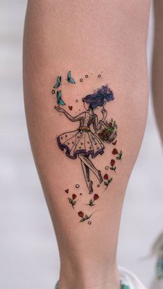 a girl with flowers and butterflies on her thigh