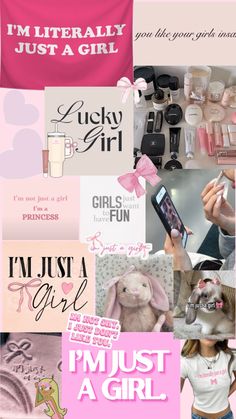 a collage of photos with pink and white text on them, including an image of a bunny holding a cell phone