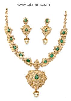 22 Karat Gold Necklace & Drop Earrings Set with Uncut Diamonds, Emeralds & South Sea Pearls 
   - 235-DS493 - in 36.400 Grams for USD $4125.83. 
Made in India by Totaram Jewelers Online this product is in Gold - 22 Karat BIS Hallmark 916 KDM Gold  & is an excellent gift for Adult - Women. Ships fully insured with secured guaranteed delivery for free with your order over $250 from New Jersey USA & comes with 30 days exchange policy. Uncut Diamond Necklace, 22k Gold Necklace, 22k Gold Jewelry, Small Necklace, Gold Jewelry Stores, Diamond Necklace Set, Gold Bracelet For Women, Gold Necklace Set, Gold Jewelry Indian