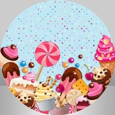 an image of many different desserts and candies on the table with polka dot background