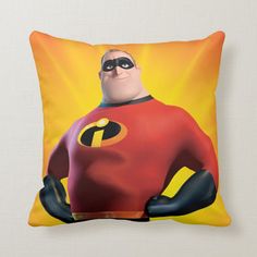 the incredible mr incredible pillow is shown on a white background with an orange and yellow background