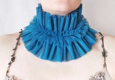 Unique Renaissance inspired ruffle collar in blue teal turquoise with layers and frills, photography themed costume collar and festivals/pictorials. Tudor era inspired by Elyseeart. ♥ Materials: hand sewn layered high quality soft tulle fabric, adjustable on neck circle with tulle ties. Each ruffle is hand sewn. *non scratchy tulle, soft and friendly on skin for many hours. *non itchy tulle One size fits all. Ready to ship! All my designs are one of a kind and completely handmade - a guarantee t Costume Collar, Circus Performance, Artist Photoshoot, Tudor Era, Photoshoot Pose, Indie Jewelry, Clown Costume, Teal Turquoise, Soft Tulle