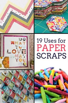 the collage shows different types of paper scraps, including cards and envelopes with text overlay that reads 19 uses for paper scraps