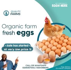 an advertisement for organic farm fresh eggs with a man pointing at it and chickens in the background