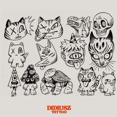 various drawings of cats and dogs with different facial expressions on their faces, including the words dudusz tattoo