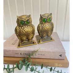 two gold owl figurines sitting on top of a book