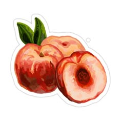 two peaches with green leaves sticker on a white backgroung background