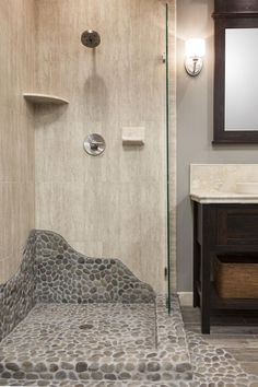 a walk in shower sitting next to a sink