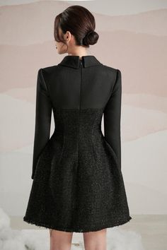 Fitted A-line Tweed Dress For Evening, Elegant Long Sleeve Dress For Fall, Luxury A-line Midi Dress For Party, Glamorous Fitted A-line Evening Dress, Elegant Long Sleeve Dress With Fitted Bodice, Fall A-line Cocktail Dress, Winter Long Sleeve Evening Dress, Winter Evening Mini Dress, Fall Cocktail A-line Dress