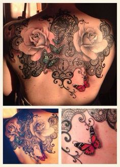 the back of a woman's shoulder with lace and roses tattoo design on it