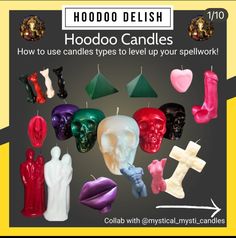 candles with skulls and bones on them are shown in this ad for hoodoo delish