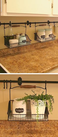 two pictures of hanging pots on the wall above a kitchen sink and below a mirror