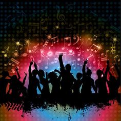 silhouettes of people dancing in front of musical notes and stars on a multicolored background