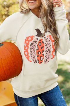 Halloween Pumpkin Graphic Pullover Sweatshirt Cute Long Sleeve Orange Top, White Long Sleeve T-shirt For Fall, Cute White Sweatshirt For Fall, Cute White Fall Sweatshirt, Cute White Tops For Fall, Cute Relaxed Fit Sweatshirt For Fall, Casual White Sweatshirt For Halloween, Cute Graphic Print Sweater For Fall, White Tops For Fall