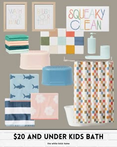 bathroom items with the words $ 20 and under kids'bath towels on them,