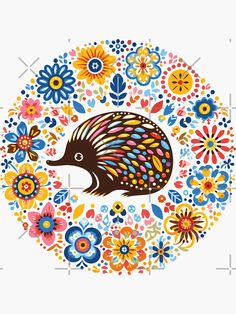 an animal with colorful flowers and leaves in the background, on a white wallpaper