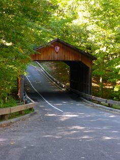 a wooden covered bridge over a road surrounded by trees and greenery on both sides