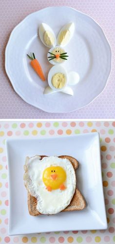 two plates with eggs, carrots and an egg in the shape of a bunny