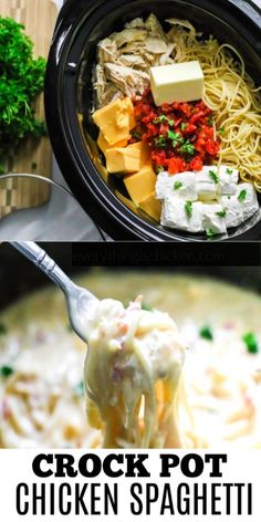 chicken spaghetti made in a crock pot Crock Pot Chicken Spaghetti, Creamy Chicken Spaghetti, Chicken Spaghetti Recipes, Easy Crockpot Dinners, Chicken Spaghetti