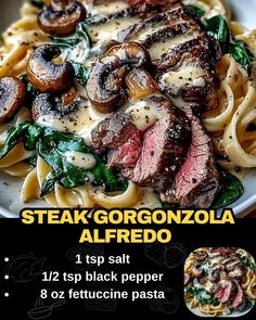 Steak Gorgonzola Alfredo Steak Gorgonzola Alfredo Olive Gardens, Steak Mushroom Pasta Recipes, Creamy Steak And Gnocchi, Steak Italian Recipes, Gorgonzola Steak Pasta, Steak Mushroom Pasta, Savory Steak Gorgonzola Alfredo, Pasta Dishes With Steak, Simple Steak Dinner Ideas