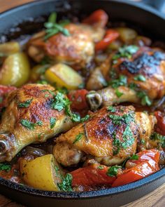 a pan filled with chicken and vegetables on top of a wooden table